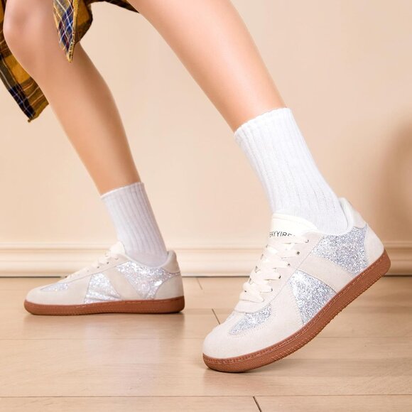 Women’s Tan Glitter Sparkly Fashion Trainers Gum Sole Cushioned Insole Sneakers - Picture 8 of 8